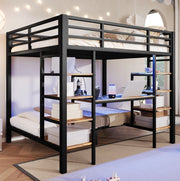 Letto a castello 90x200/140x200 cm in metallo e MDF nero con LED e ripiani –