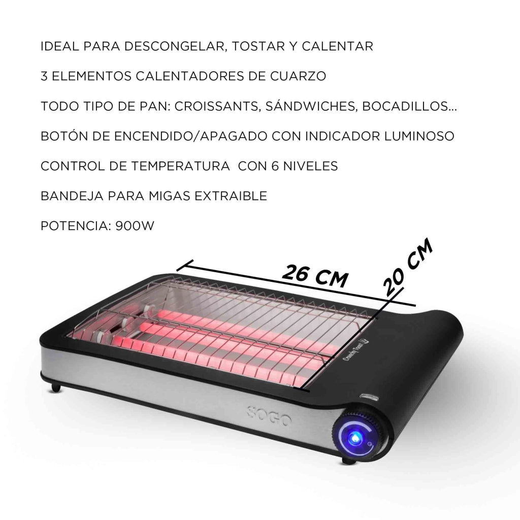 Tostapane elettrico piano 4 fette 900W, area ampia 25,5x20,2 cm con 6 livelli tostatura e resistenze al quarzo - Sogo