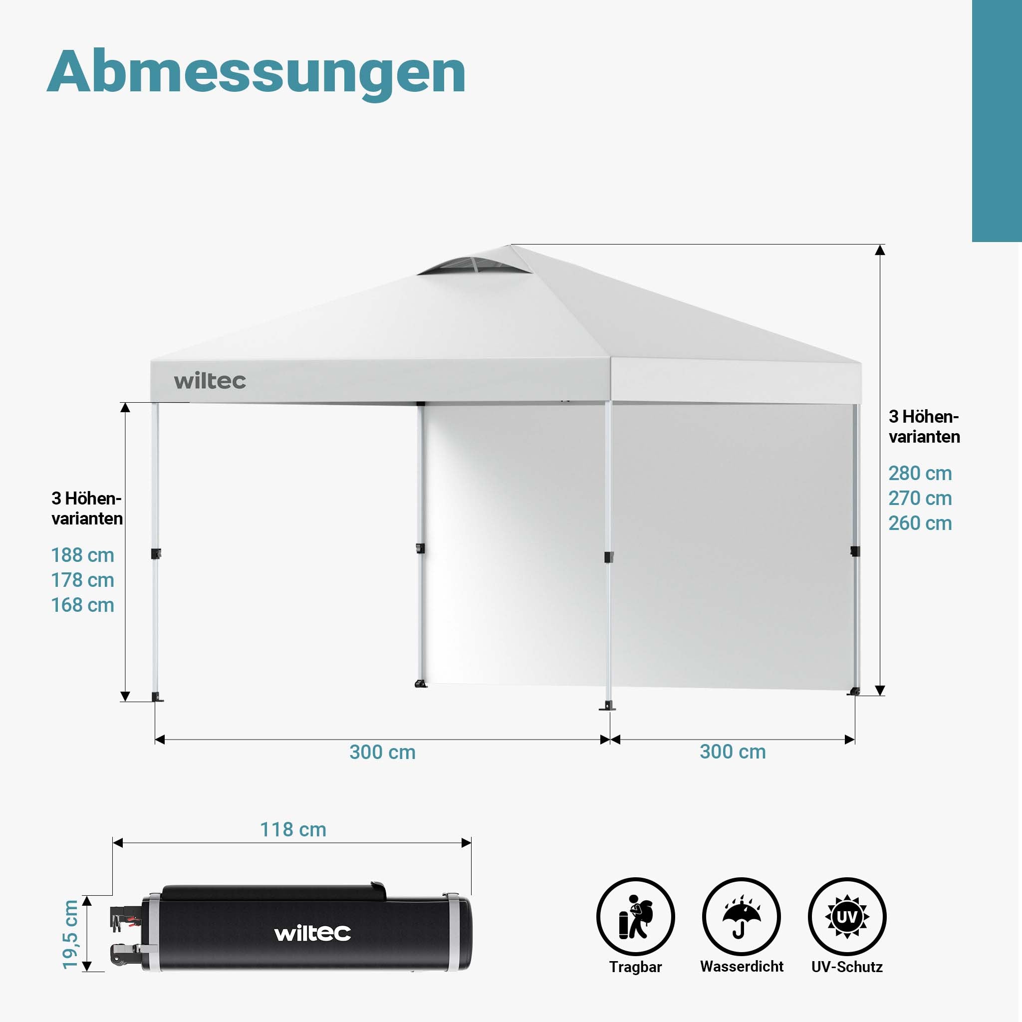 Gazebo pieghevole pop-up bianco, 3 x 3 m con parete laterale e ruote