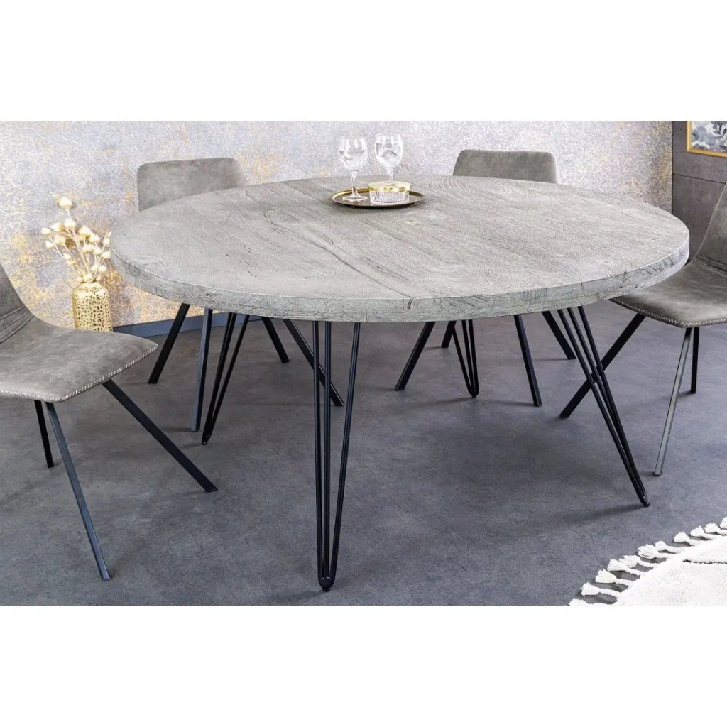 Tavolo da pranzo SILVA - Legno di mango grigio e metallo nero - 120 cm - Forma rotonda - Stile contemporaneo