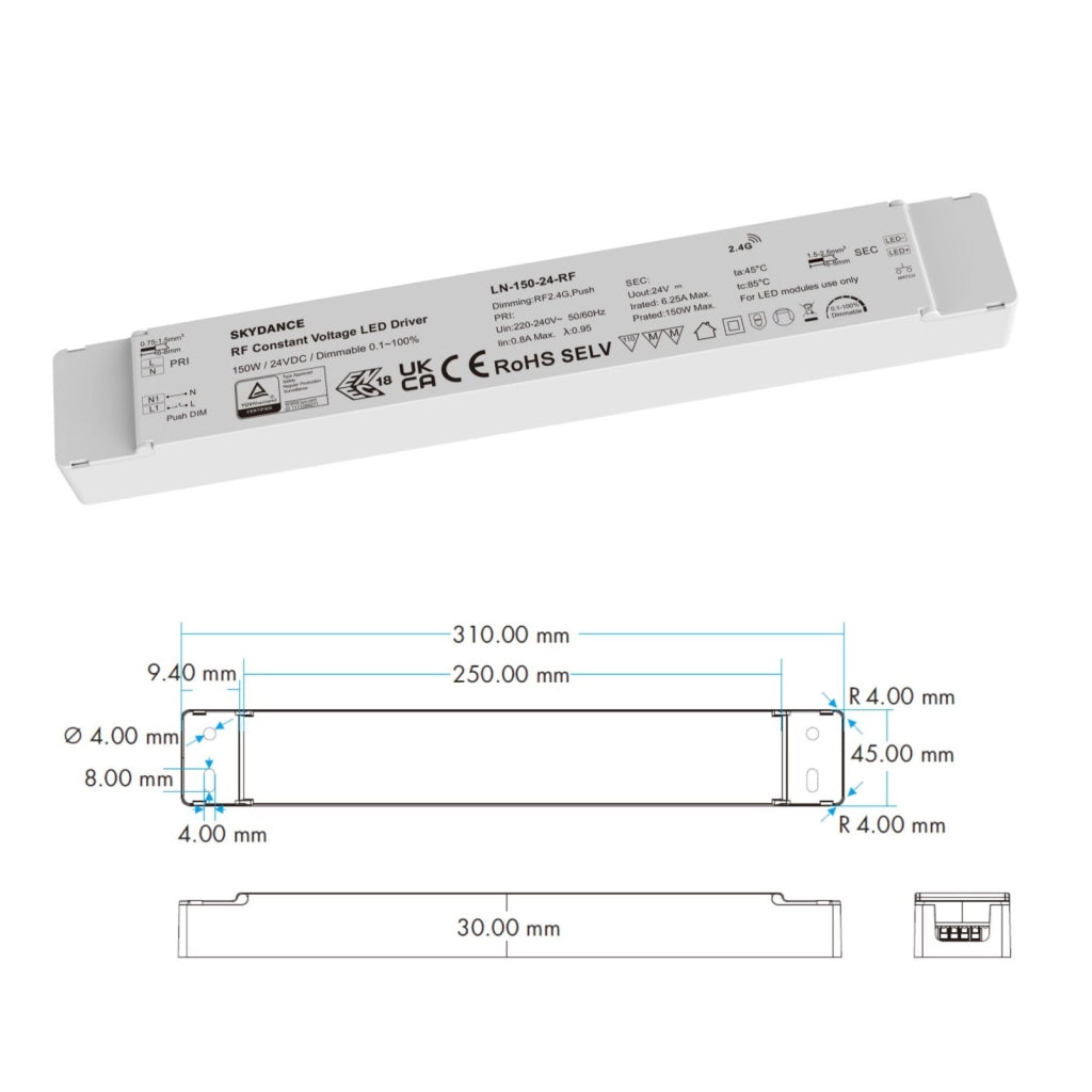 Alimentatore Dimmerabile LED 24V 150W, RF 2.4G e Push Dim per Strisce LED 310X45X30mm LN-150-24-RF