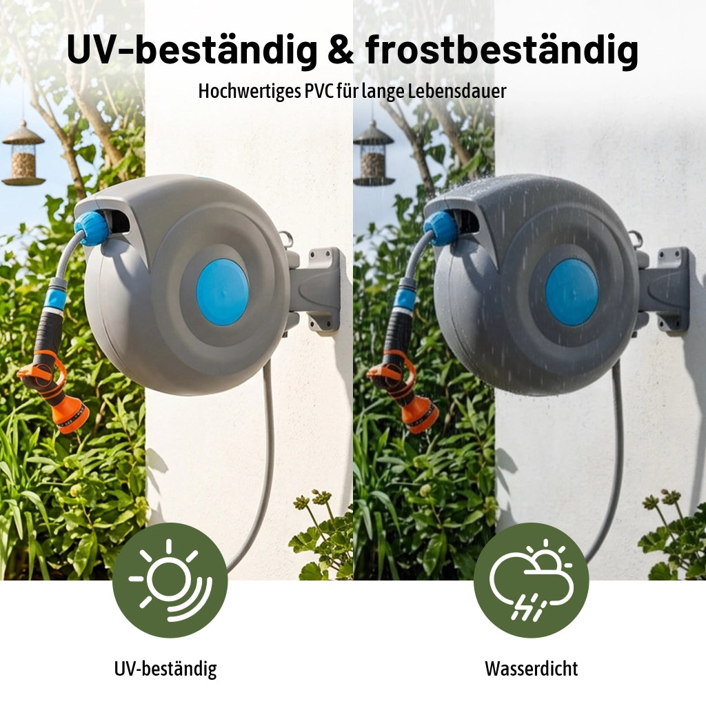 Avvolgitubo da 20 m a parete con riavvolgimento automatico, avvolgitubo da giardino e pistola a spruzzo 9 in 1, resistente ai raggi UV e al gelo,