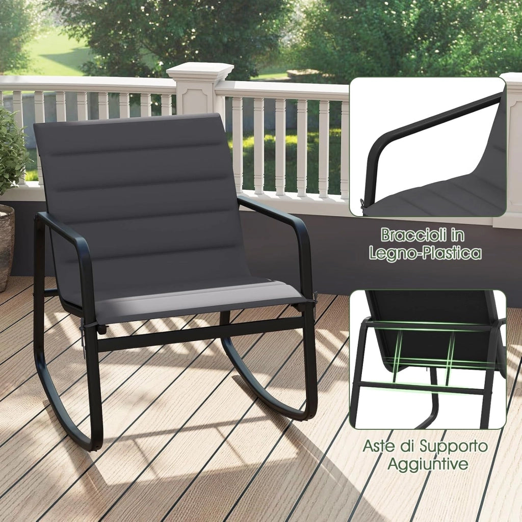 Set Tavolino e Sedie da Giardino con Cuscino, Set di Mobili a Dondolo, Set Bistrò 3 Pezzi, Tavolino in Vetro Temperato, Sedie in Textilene, per Giardino Cortile Piscina (Modello 2)