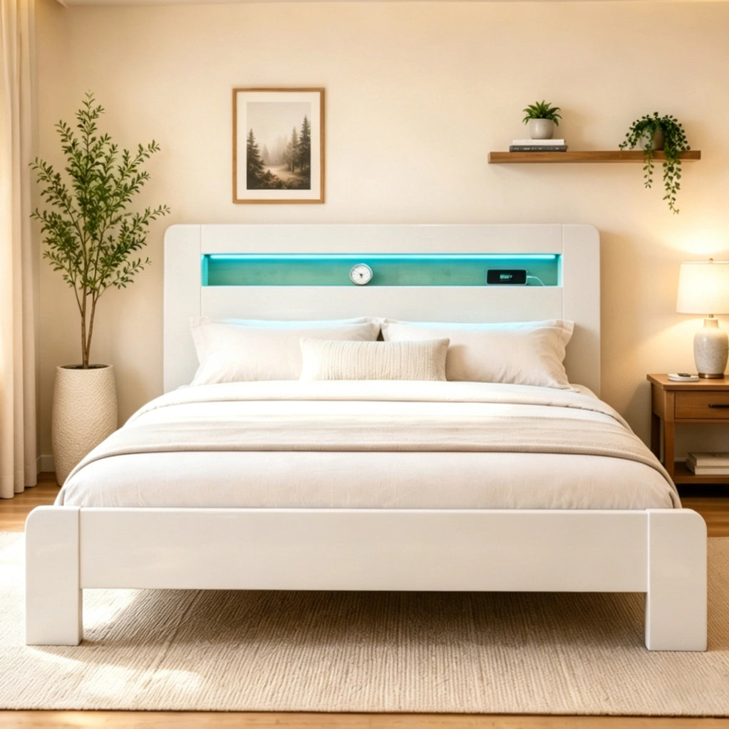 Letto matrimoniale 180x200 cm con testiera contenitore; LED e prese integrate; bianco