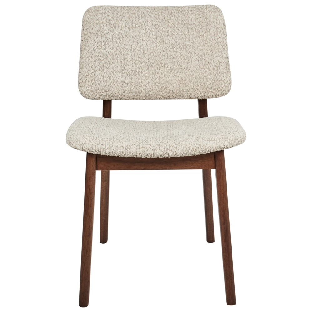 Set di 2 sedie da pranzo marrone scuro e beige con struttura in legno di gomma e seduta bouclé, design retrò senza braccioli