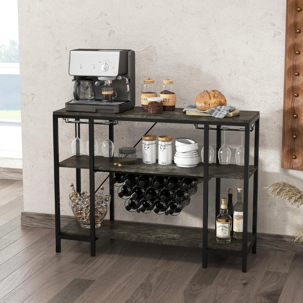 Portabottiglie Per 15 Bottiglie, Portabottiglie a 3 Livelli Con Supporto In Vetro, Tavolo Da Vino Con 2 Porte USB e 2 Prese, Armadietto Per Vino Industriale Metallo, 113 x 35 x 85 cm
