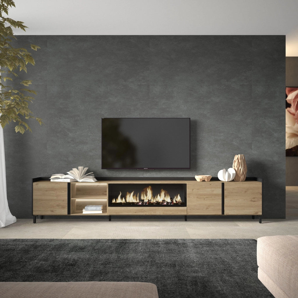 Mobile TV Soggiorno, 315x61x35 cm, Per TV fino a 80", Camino elettrico XXL, Design industriale, LED, Rovere e nero