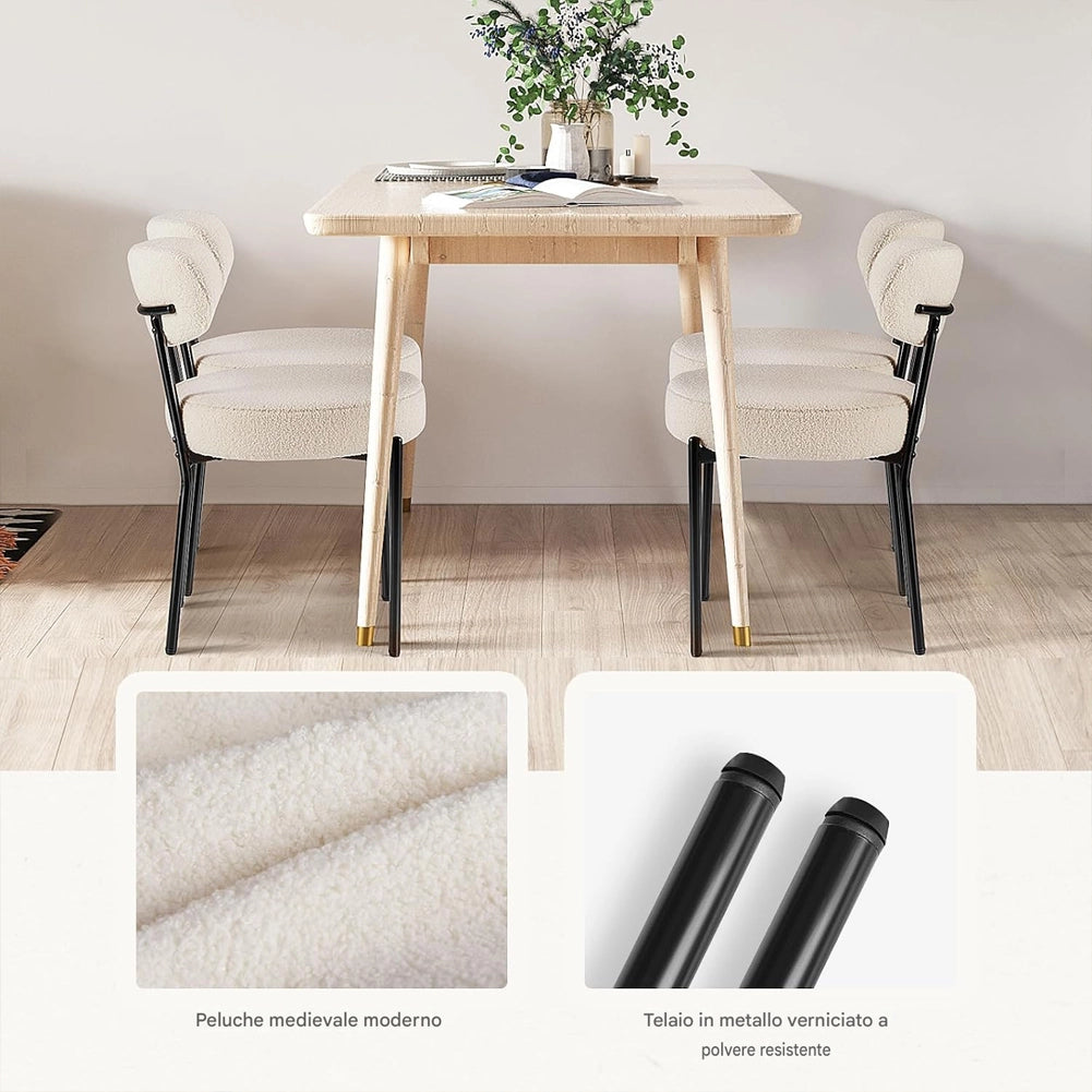 Set 4 Sedie da Pranzo con Gambe Metallo e Seduta Tessuto Teddy Imbottita Crema