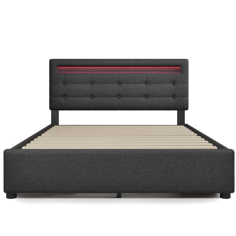Letto Matrimoniale Imbottito con LED e Cassetti ¨C Xylo ¨C Grigio, Testiera Regolabile, Rete a Doghe, 140x200