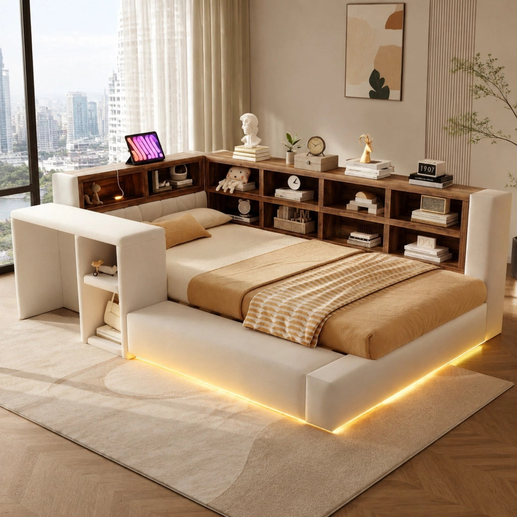 Letto imbottito singolo 90×200 cm con testiera; ripiani; LED; prese e tavolino; senza materasso; beige