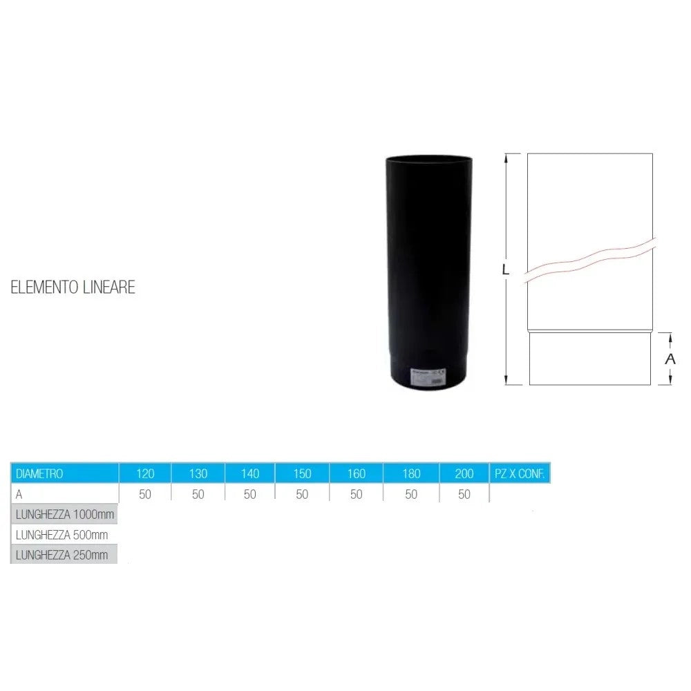 Tubo nero diametro 18cm lunghezza 25cm per stufa a legna in acciaio al carbonio