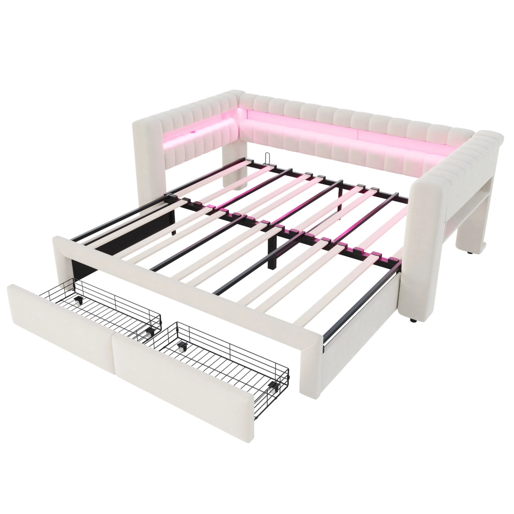 Divano letto imbottito estraibile 90x190 cm con LED; USB e contenitore; beige
