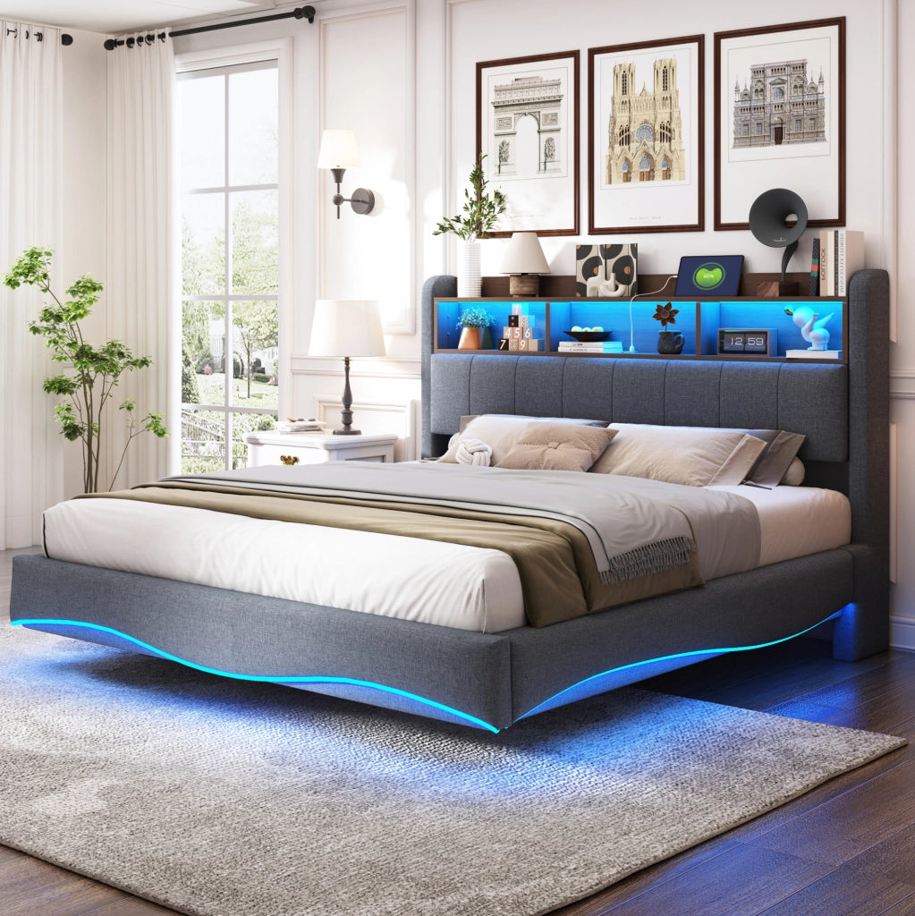 Letto imbottito sospeso con LED; USB e Type-C; 160 x 200 cm; grigio