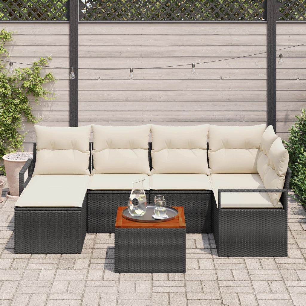 Set Divano da Giardino  7 Pezzi con Cuscini Nero Polyrattan Acacia