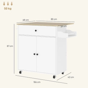CARRELLO CUCINA CON PIANO RIBALTABILE 106x42x87 cm Bianco