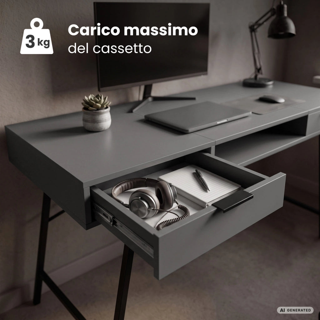 Scrivania industriale per computer Grafite ARDEN 120 cm 2 cassetti 1 ripiano gambe nere