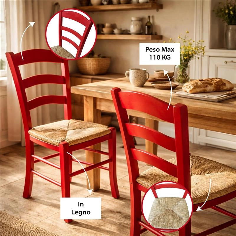 SET 2 SEDIE PAESANA IN LEGNO CON SEDUTA IN PAGLIA E SCHIENALE ALTO 42X40X87H CM  COLORE ROSSO
