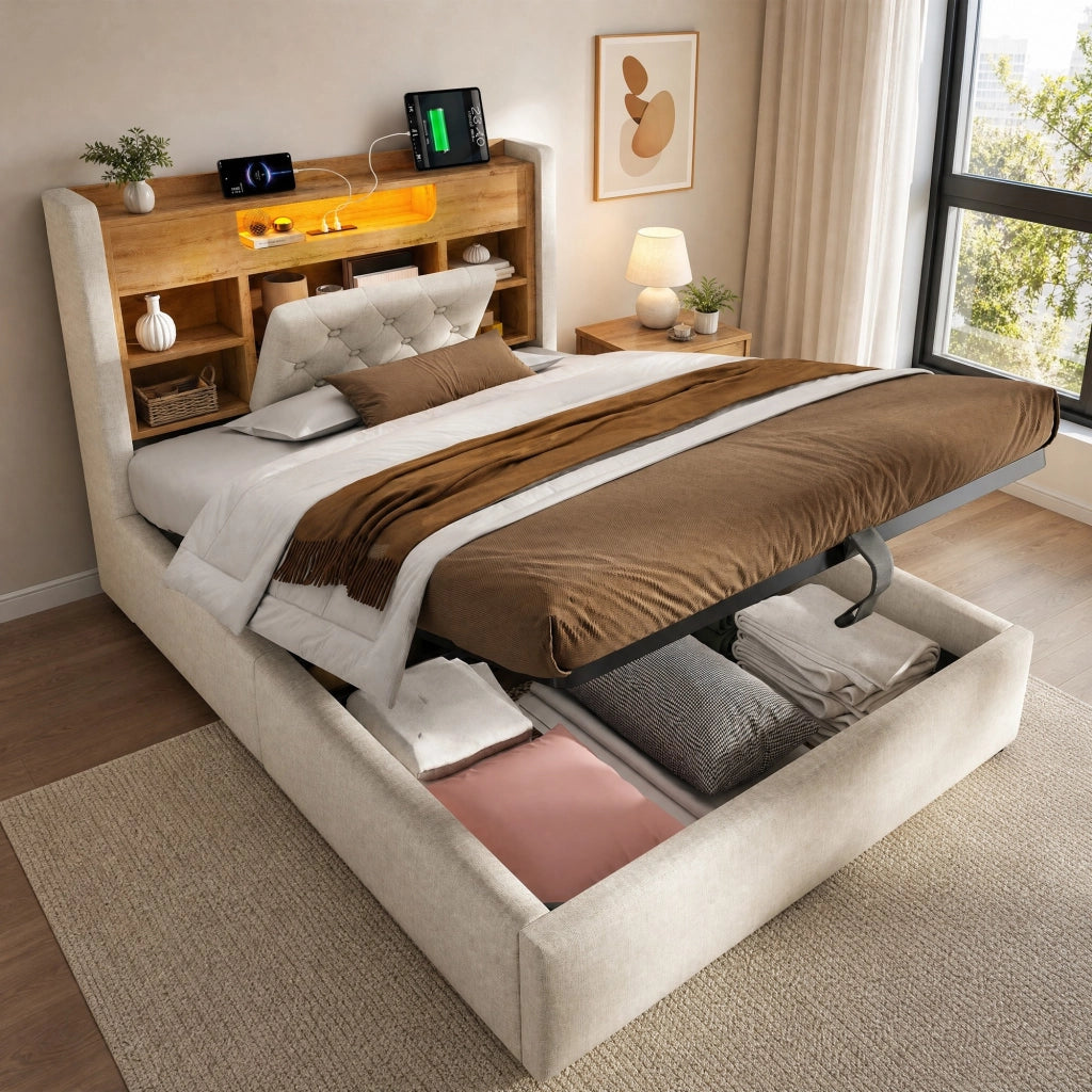 Letto imbottito 90x200 cm con contenitore idraulico, LED, USB/Type-C, testiera con ripiani, beige
