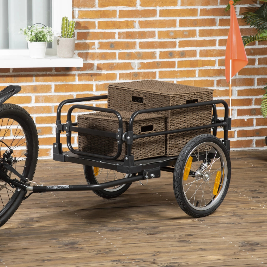 Carrello Bici da 70L con 2 Ruote da 16" 2 Catarifrangenti e Bandierina 125x64x53,5 cm in Acciaio e PE Nero