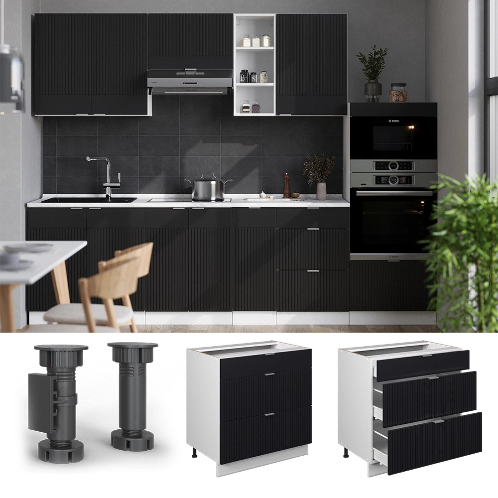 Mobiletto base per cucina Fame-Line Nero rigato/Bianco 80 cm con 3 cassetti, PL Rovere Vicco