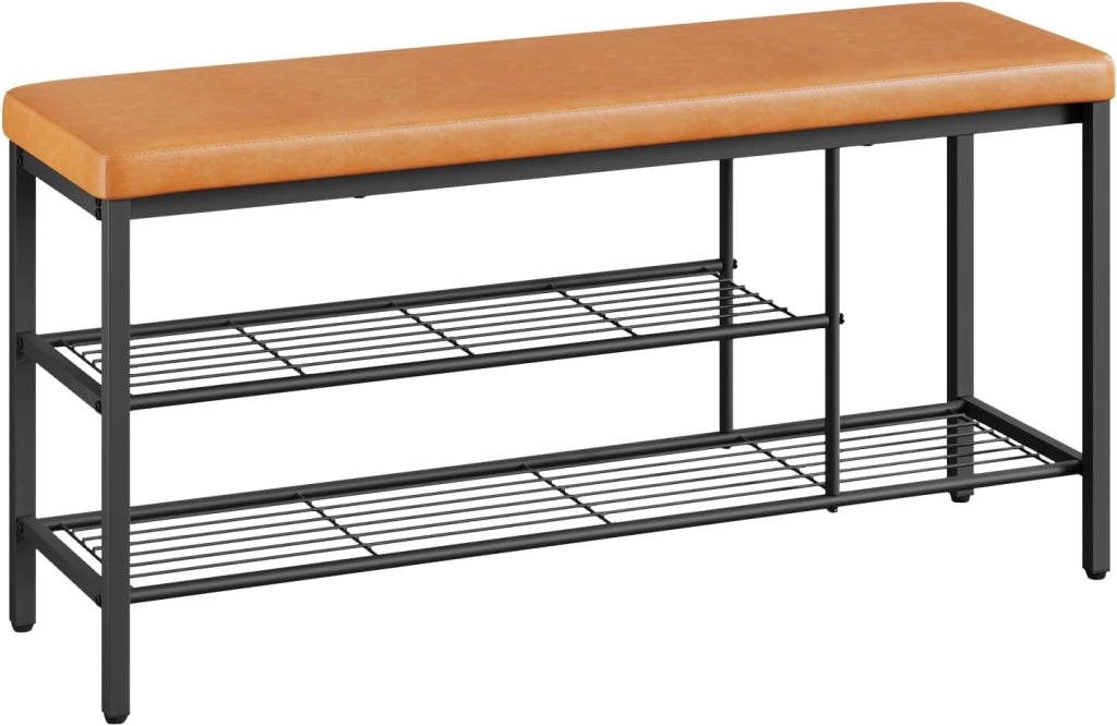 Panca Scarpiera da Ingresso con 2 Ripiani, Portascarpe Salvaspazio, Struttura Metallica, Cuscino con Rivestimento in Pelle Sintetica, per Corridoio, Soggiorno, 100x30x50 cm, Marrone