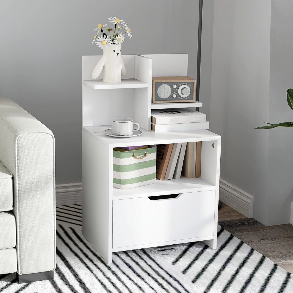 Comodino con cassetto, nicchia e ripiani effetto legno ¨C zephmum ¨C bianco 45x35x73 cm