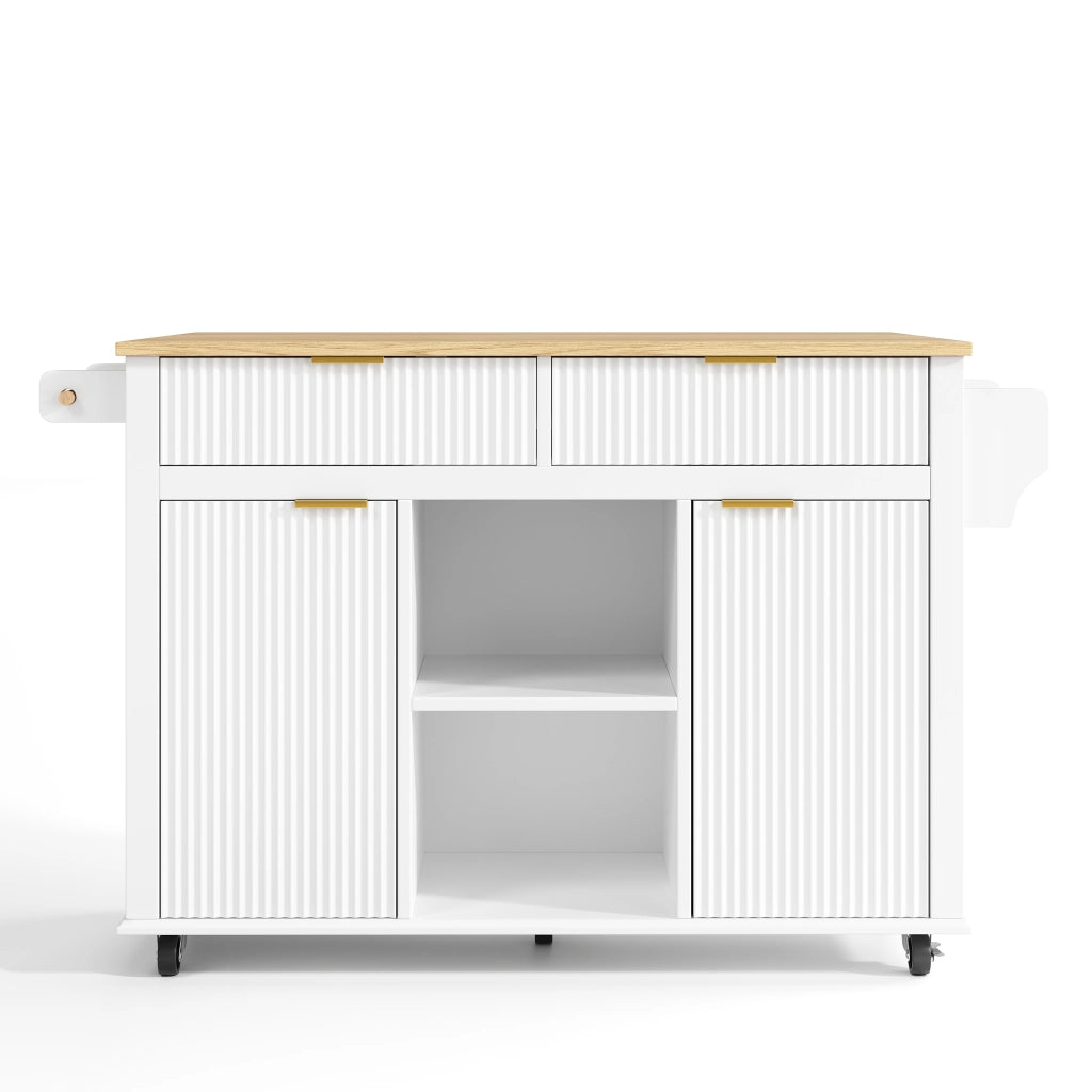 Isola da cucina su ruote 143 x 45 (69) cm con piano ribaltabile, 2 cassetti, 2 ante e vano porta spezie