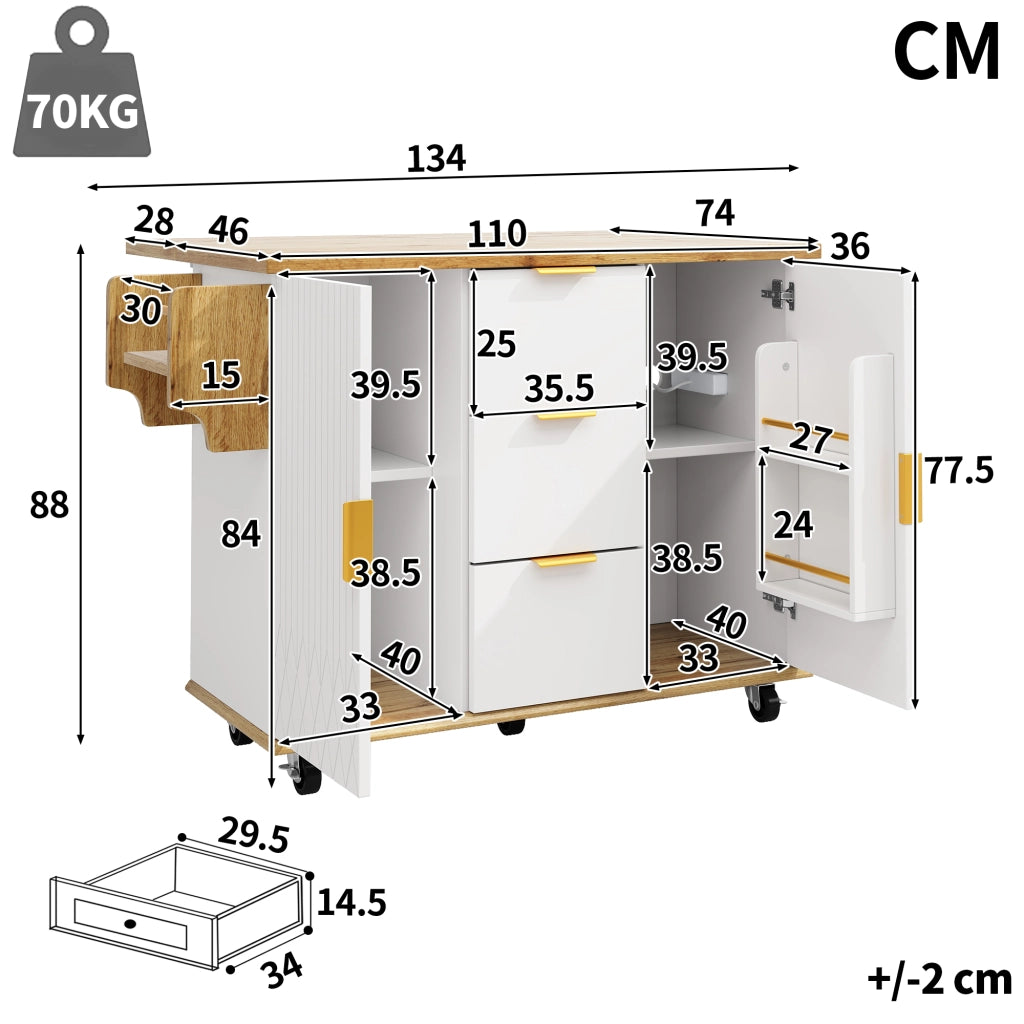 Mobile contenitore da cucina con 3 cassetti; 2 ante e presa USB; ruote - bianco