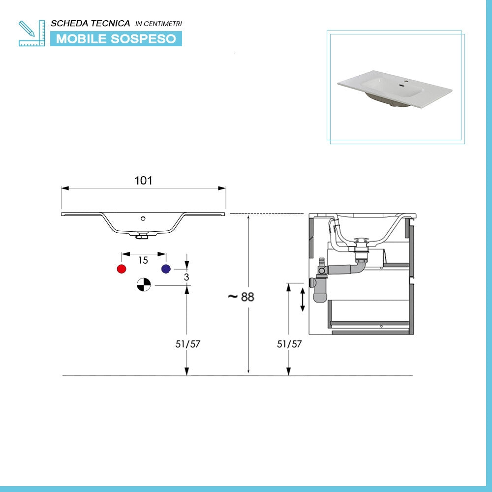 Mobile bagno sospeso 100cm bianco e quercia con pensile e lavabo Sumya