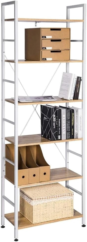 Scaffale per Libri a 6 Piani, Libreria in piedi con Struttura in Metallo per Soggiorno/Camera da Letto/Studio, 60x27,5x180cm, Rovere Chiaro+Bianco, RGB9307whe