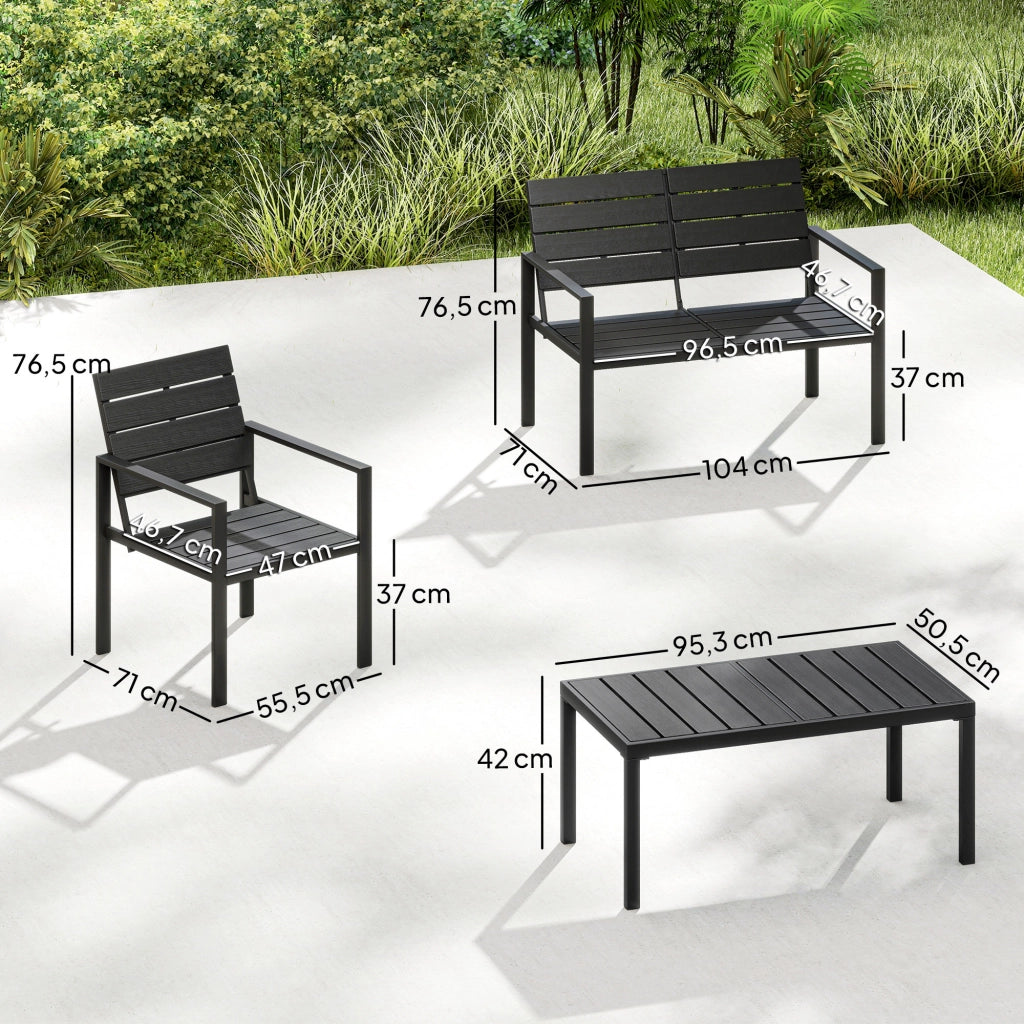 Set salotto da giardino 4 pezzi in HDPE nero con divano 2 posti, 2 poltrone e tavolino da caffe, resistente per terrazzo e veranda