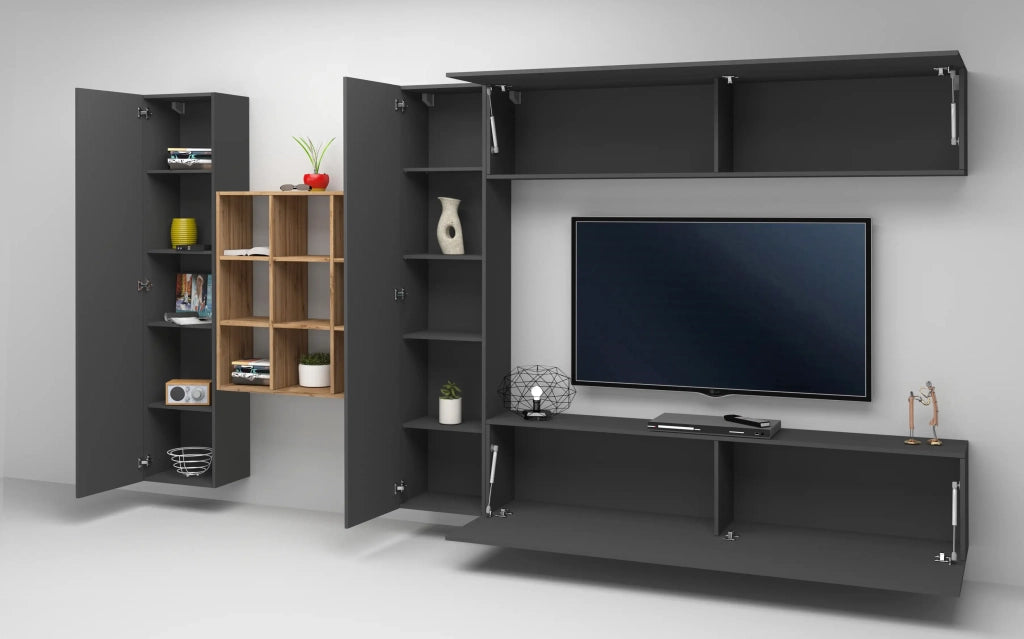 Parete TV attrezzata antracite sospesa design moderno pensile 2 armadi libreria Ferd RT