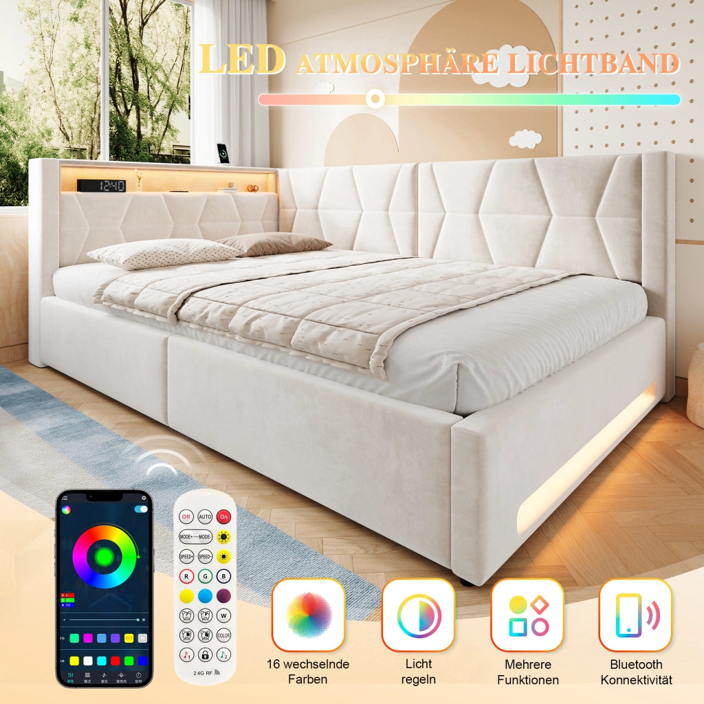LETTO Contenitore 140x200 cm Velluto Beige con USB, Type-C e LED