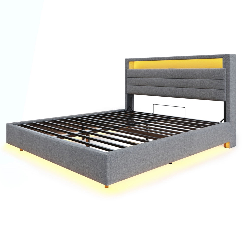 Letto imbottito 160x200 cm con USB; LED e contenitore in lino grigio