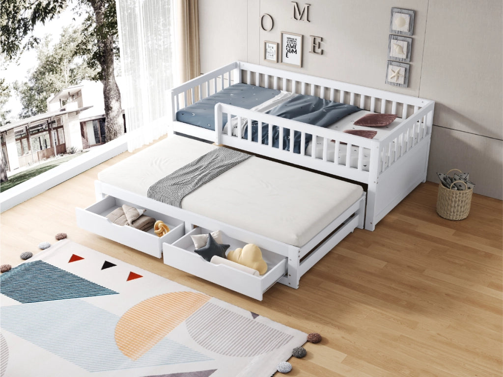 Divano letto in legno multifunzionale con letto estraibile, due cassetti e sponda di sicurezza bianca 90 × 200 cm