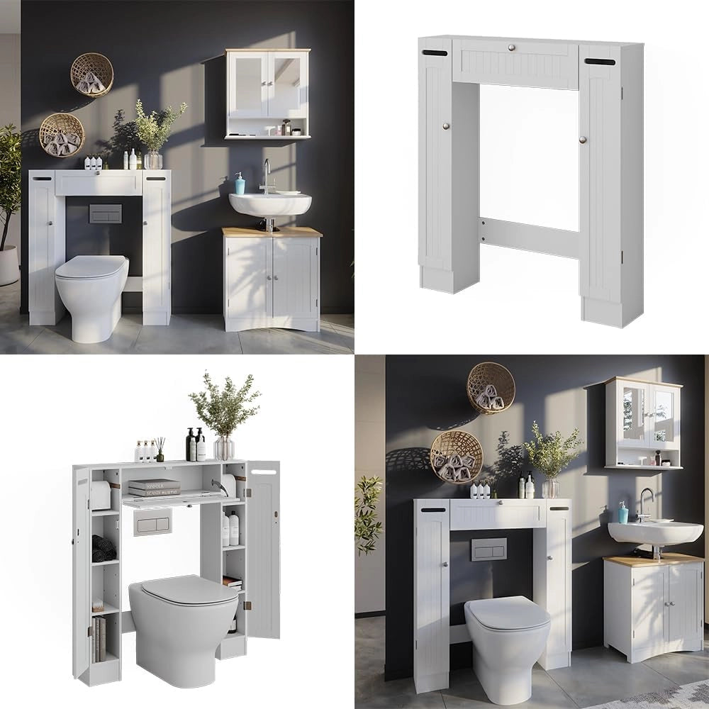 Armadietto per toilette Bianco, Bianco, 89 x 99 cm Distributore di carta igienica a destra e a sinistra, per montaggio a parete sopra il WC con sistema di erogazione integrato