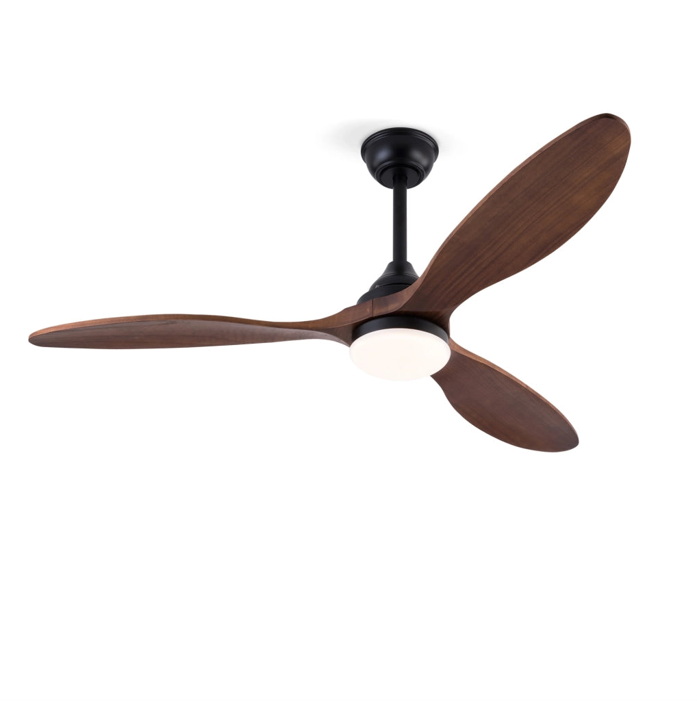 Ventilatore da soffitto da 52 pollici con luce LED; 3 pale in legno massiccio; nero e noce scuro