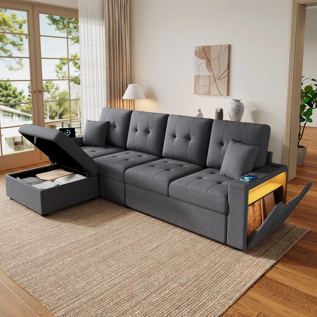 Divano modulare angolare 4 posti - con pouf contenitore; LED e porte USB - in lino - grigio antico