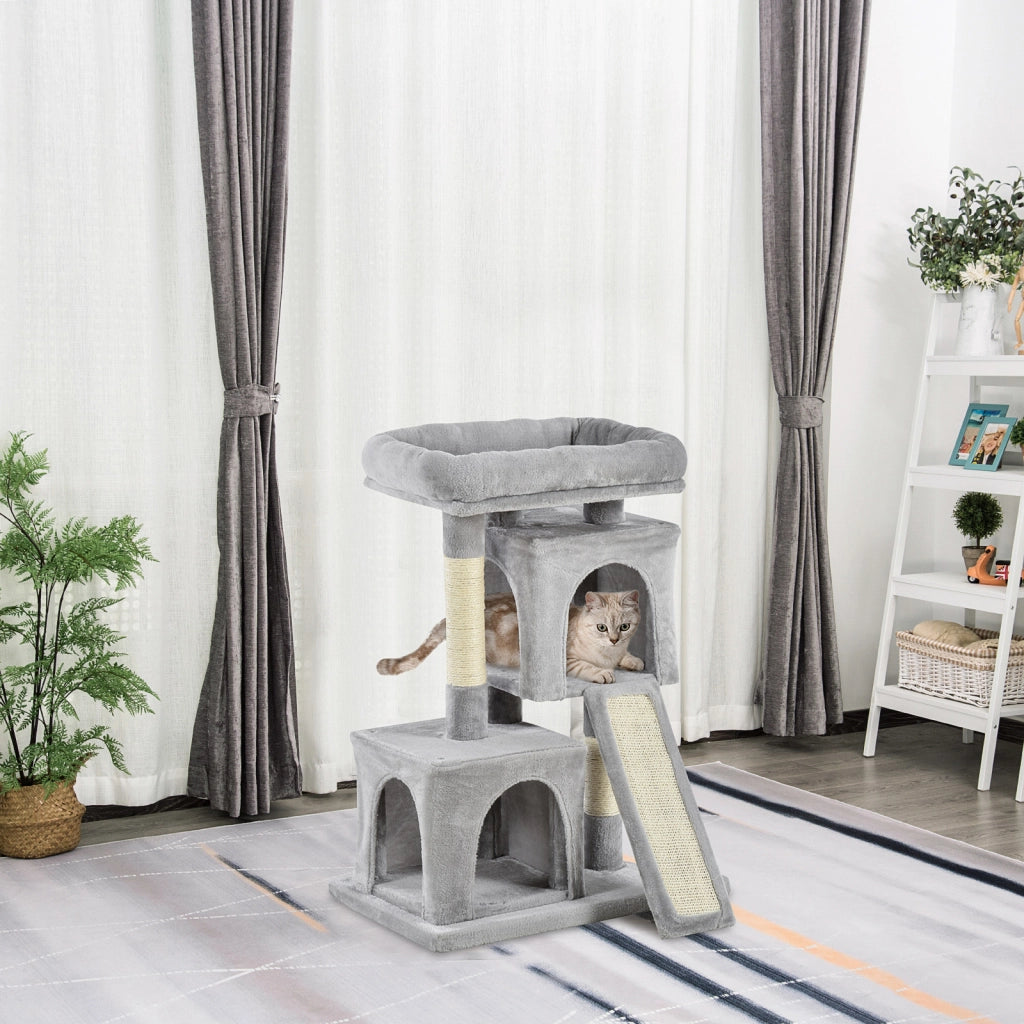 Albero Tiragraffi per Gatti con Lettino e 2 Casette ¨C Zephmum ¨C Grigio 59x39x81 cm