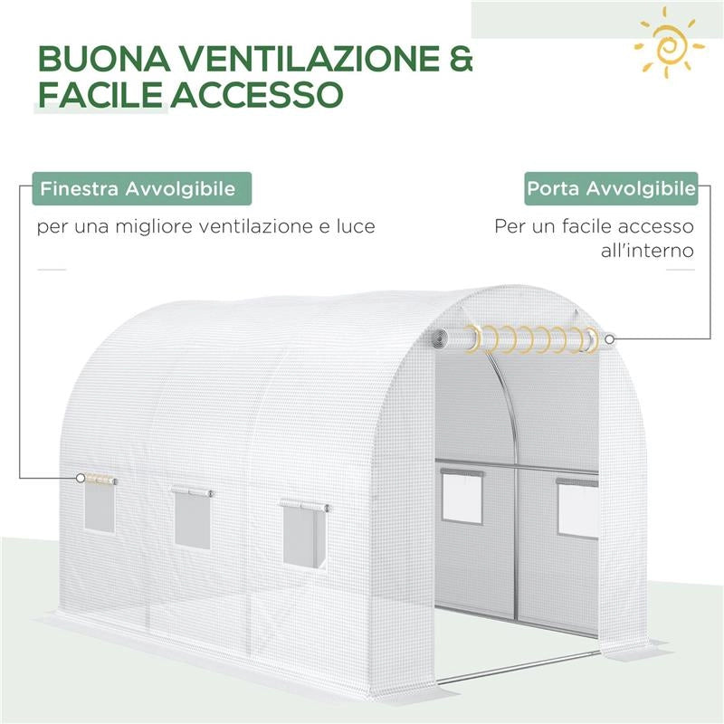 TELO SERRA IN PE CON 6 FINESTRE, PORTA AVVOLGIBILE E BORDI INTERRATI, 3X2X2 M, BIANCO