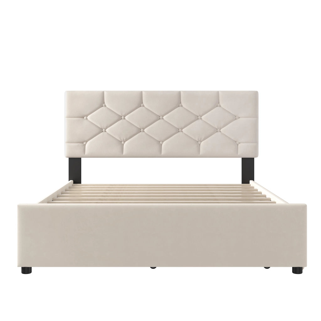 Letto imbottito 140x200cm - Zephmum - Con contenitore a rotelle, velluto, stile minimalista, beige