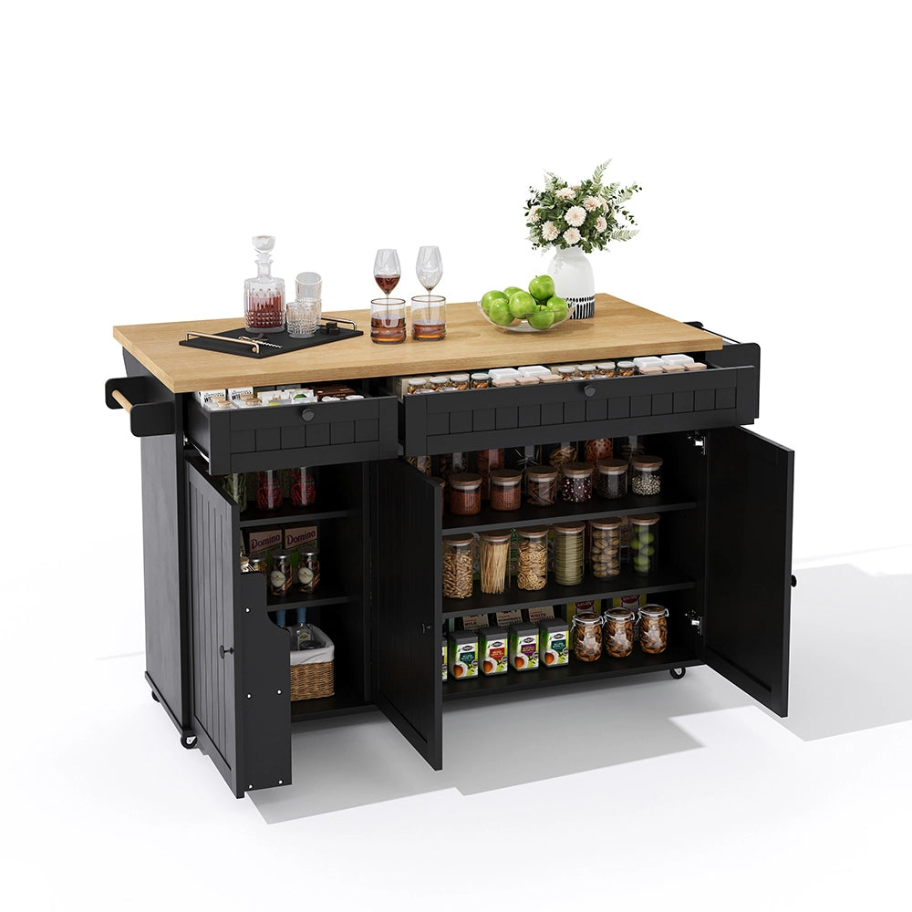Isola cucina 6 ruote - Xylo - 137x89x45cm nero 2 cassetti