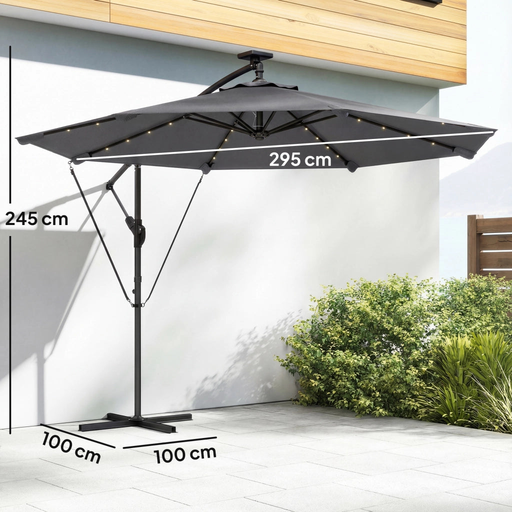 Ombrellone Parasole Grigio con Luci LED Solari 330x295 cm Base Crociata ¨C zephmum ¨C Grigio Scuro