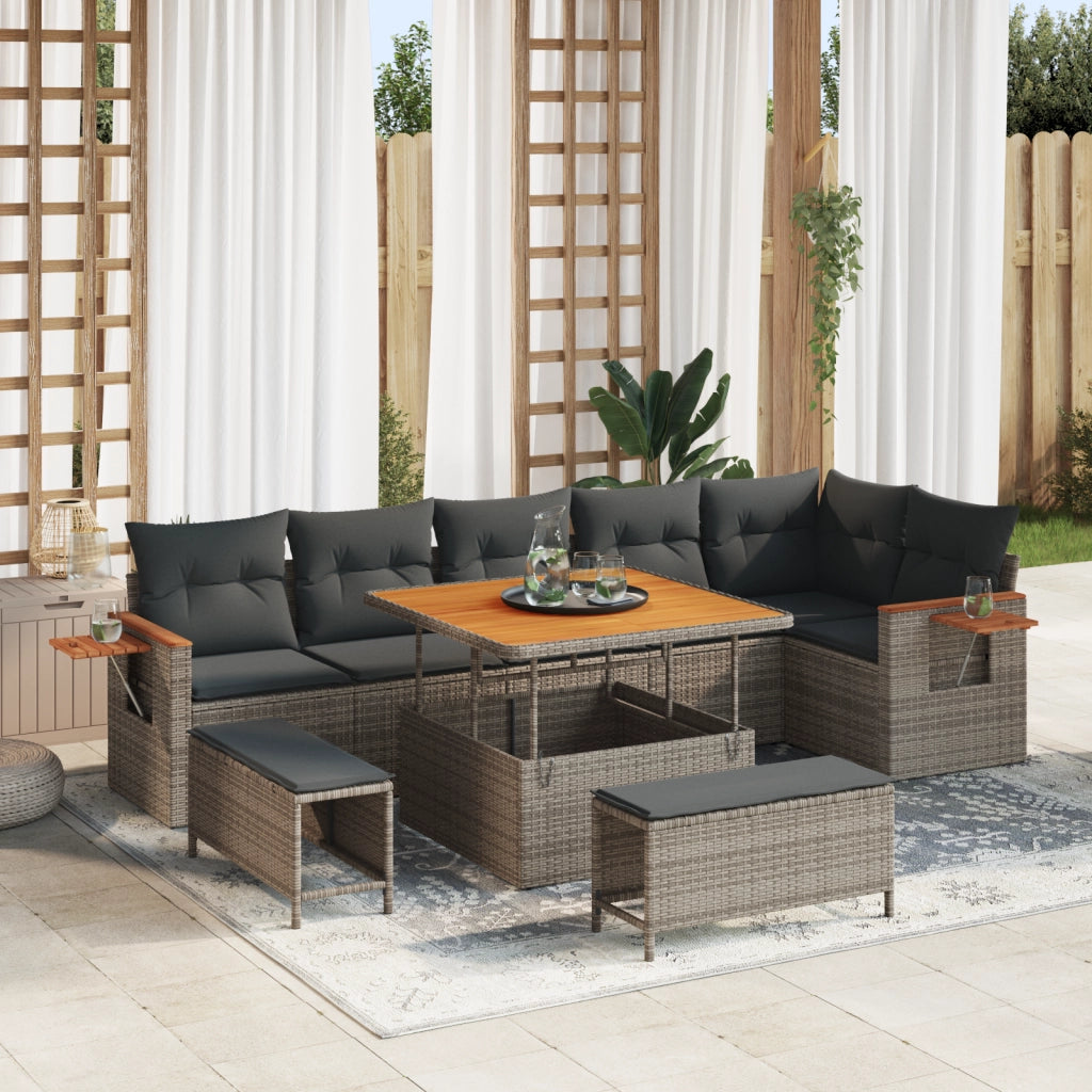 Set Divano da Giardino 9 Pezzi con Cuscini Grigio Rattan Sintetico Acacia