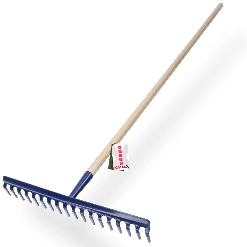 Rastrello da giardino KADAX con manico in legno, lunghezza 150 cm, denti in acciaio temprato, 18 denti.