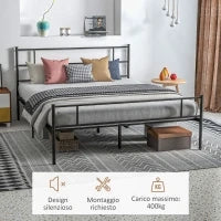 Struttura Letto Matrimoniale in Acciaio 160x200cm con Doghe, Testiera e Pediera - Nero