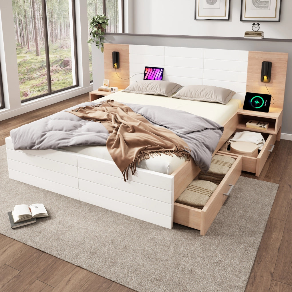 Letto matrimoniale 160x200 cm con 2 cassetti; luce da lettura e ricarica USB; bianco e rovere