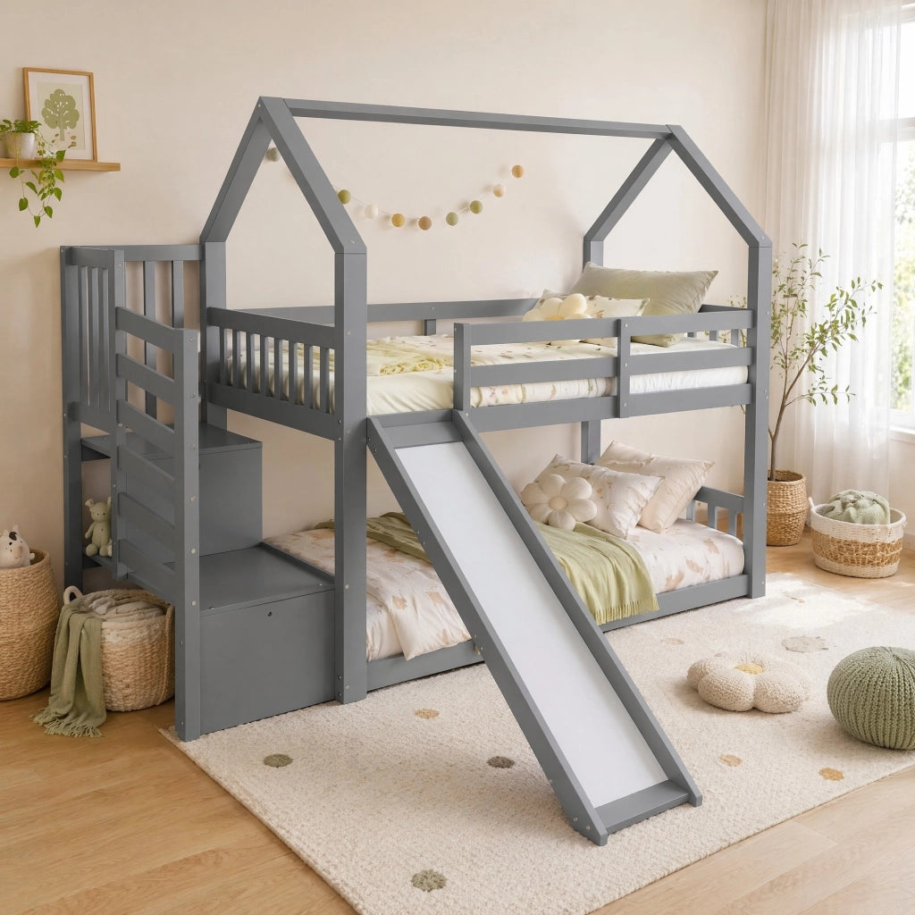 Letto a castello 90x200 cm con scala contenitore e scivolo grigio