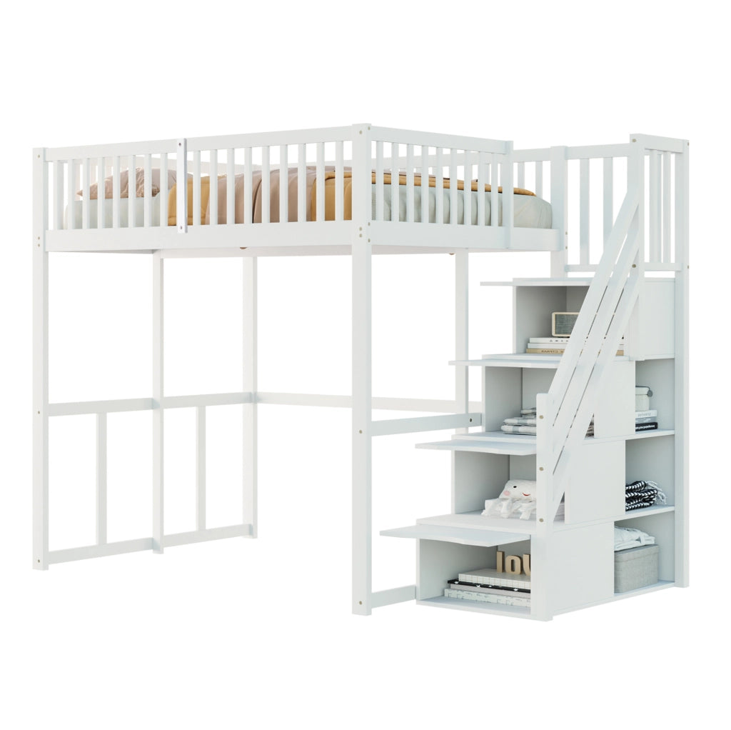 Letto a soppalco 140x200 cm con scala contenitore e struttura in legno