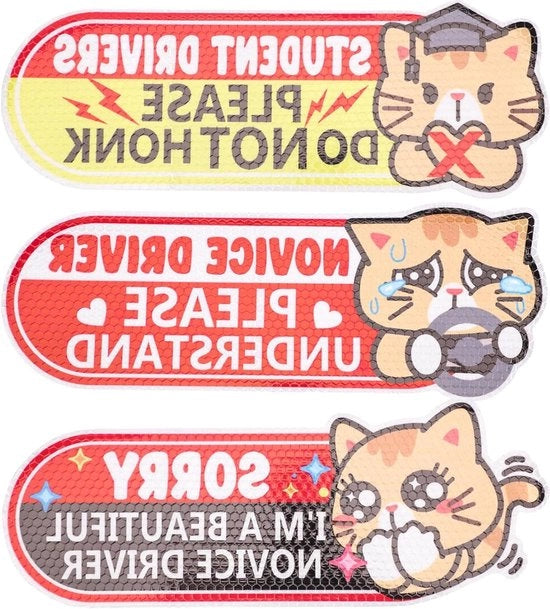 Set di 3 Bumperstickers Magnetici Riflettenti Rosa per Autisti - 25x9cm - Motivo Gatto Carino - Per Principianti - Resistenti al Tempo e Rimovibili